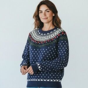 VINTAGE Fair Isle Nordic Sweater Blue Red Green Ramie Cotton L